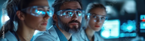 Three focused researchers in lab coats and safety goggles study glowing monitors in a high-tech laboratory, faces blurred, conveying intense concentration and collaborative problem solving