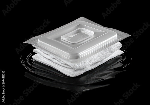 white plastic wipe dispenser lid resting on neatly folded white towels on a reflective black surface, minimalist clean and fresh mood