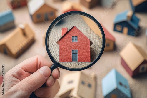 Hand holding a magnifying glass over a red miniature house among scattered wooden model houses on a textured surface, conveying scrutiny, house-hunting and careful selection
