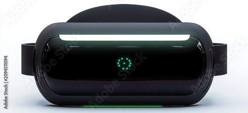Sleek black virtual reality headset with glossy curved visor, glowing teal circular LED indicator, horizontal light strip and adjustable strap, minimalist futuristic calm anticipation