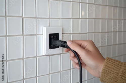 close-up of a hand plugging a black power cord into a recessed wall outlet on a white tiled wall, careful focused motion