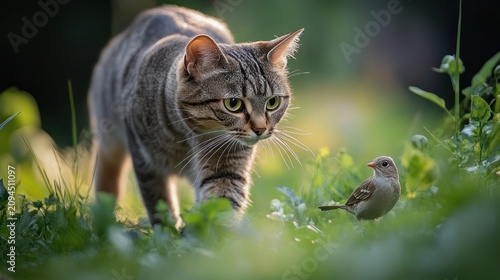 tabby cat quietly stalking a small songbird in sunlit green grass, tense and alert hunting moment