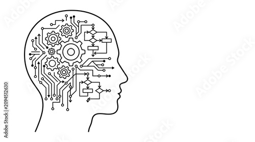 Cuadro en lienzo Human Head Silhouette Vector Illustration with Brain, Gear and Creative Thinking