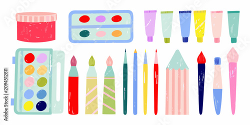 Assorted Art Supplies Colorful Vector Illustration On White Background