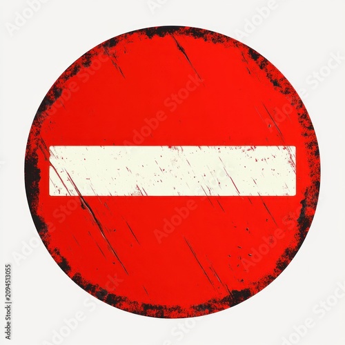Worn red circular prohibition sign with white horizontal bar and scratched distressed paint conveying a forbidding vintage warning