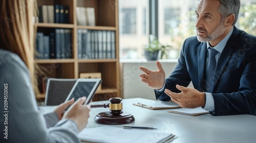 Serious legal consultation in office with suited man gesturing, woman holding tablet, wooden gavel on desk, paperwork and bookshelves, calm focused discussion