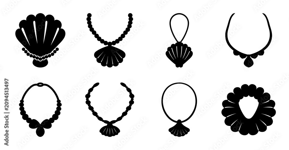 Obraz premium Black elegant jewelry and necklace set icons - Simple black and white vector icons of various necklaces, pendants, and earrings in an elegant style.