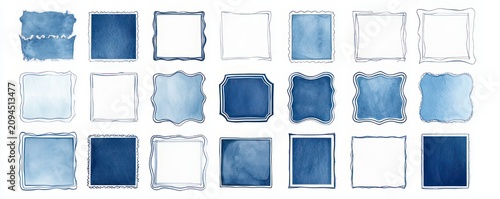 calming collection of twenty-four hand-drawn and watercolor blue square frames with varied wavy scalloped and inked borders on a white background