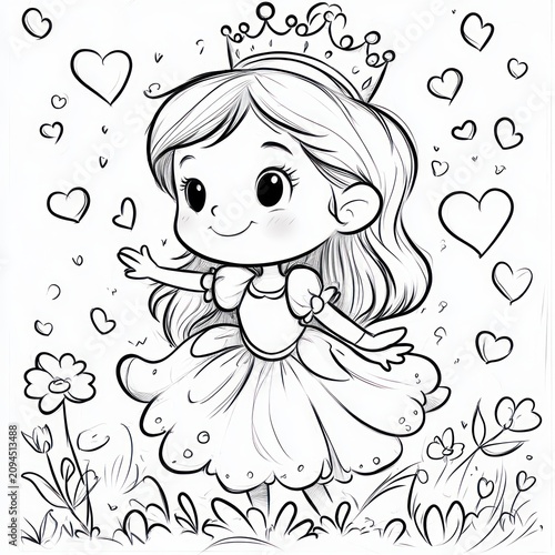 smiling little princess in a frilly dress and crown surrounded by hearts, flowers, and grass, joyful and playful