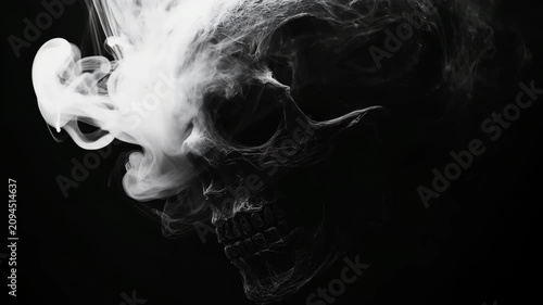 A skull is shown in a black and white photo with smoke surrounding it. Scene is dark and ominous, with the skull being the central focus. The smoke adds to the sense of danger and mystery