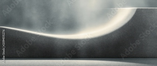 monochrome layered curved planes and glowing arc with soft mist above grainy horizontal bands, evoking calm minimalist serenity