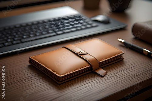  A timeless tan leather cheque book wallet positioned on a clean executive.