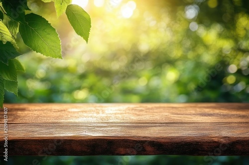 Sunlit wooden tabletop with overhanging green leaves and soft bokeh forest background, warm peaceful morning atmosphere