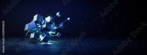 Floating abstract cluster of metallic blue cubes with futuristic particles on dark background abstract technology geometric metallic particle innovation floating computing structure