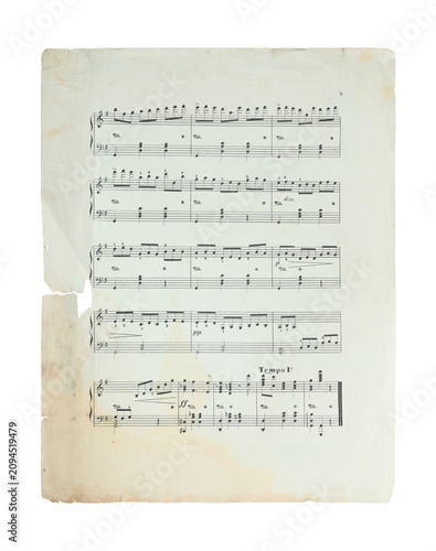 Old vintage music sheet with musical notes, isolated on transparent background. Antique manuscript for classical music, composition, education, history and creative design
