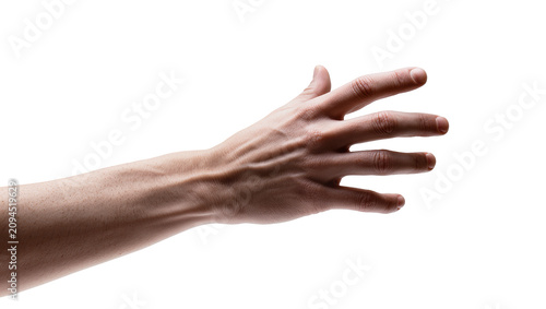 Foto Isolated human hand reaching and grasping, palm away, showing skin texture and prominent veins