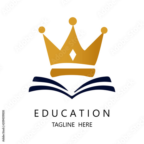 Minimalist Education Logo design  template featuring a golden royal crown over an open book vector illustration .