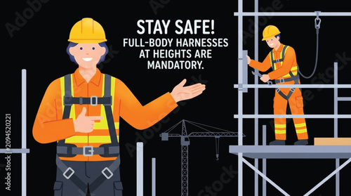 Construction Site Worker Wearing Safety Harness for Fall Protection