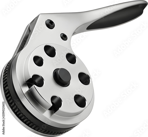Close up of metal fishing reel.