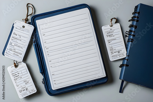  Compact travel document organizer displayed beside blank boarding passes, luggage tags and travel notebook with clean styling. 