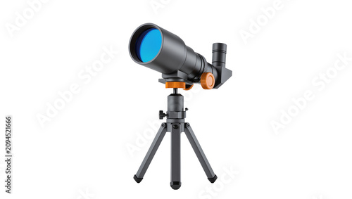 Foto Isolated modern compact telescope on a tripod with blue lens for astronomy and n
