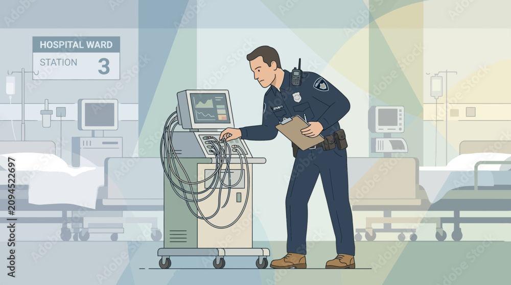 Obraz premium Police officer monitors medical equipment in hospital ward