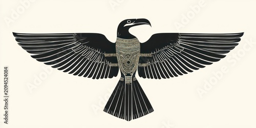 Regal stylized black bird with outstretched wings and ornate gold chest collar on pale background, symmetrical and powerful