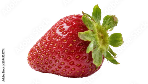 Obraz na plátne Isolated fresh red strawberry fruit with green calyx, close-up vibrant and delic
