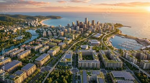 Expansive modern city skyline with contemporary architecture and green spaces overlooking the ocean at sunset