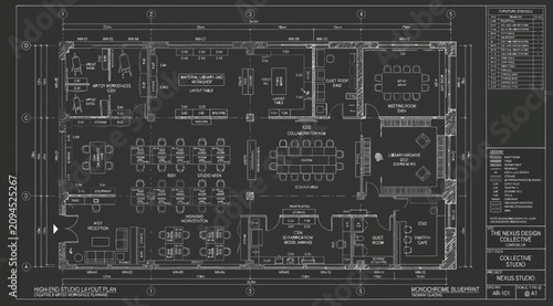Tableau sur toile Detailed office floor plan blueprint with furniture arrangement and room labels