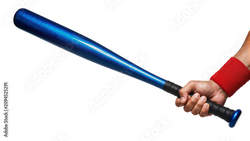Cuadro en lienzo Isolated shiny metallic blue baseball bat held by a hand with a red athletic wri