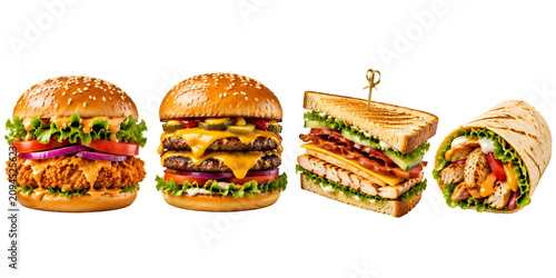 Fast Food Sandwich Collection Featuring Crispy Chicken Burger Pulled Pork Burger Fresh Vegetable Sandwich and Fish Fillet Burger Isolated on Transparent Background