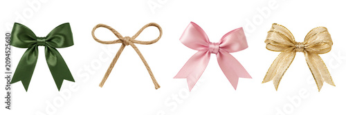Decorative Ribbon Bow Collection with Satin Fabric Twine String and Golden Gift Bows Isolated on Transparent Background