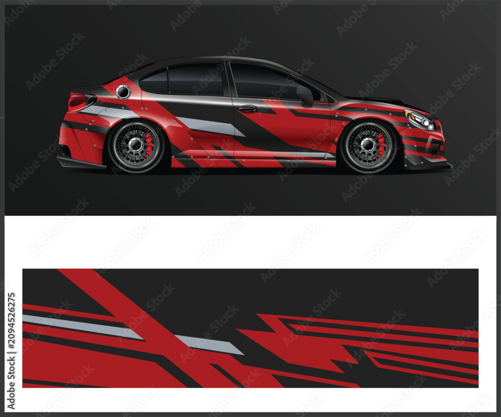 Fototapeta premium Dynamic Car Wrap Design Featuring Bold Red Stripes