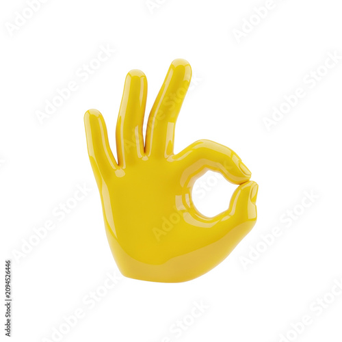 vibrant yellow, high-gloss 3d stylized hand sculpture performing the a-ok gesture, isolated on a transparent background with ample copy space. concept of digital perfection