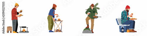 Photos Set of flat vector illustrations of people in lumberjack style enjoying pancakes and waffles with maple syrup while camping and outdoors