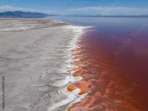 A drone view of the pink water at the Great Salt Lake in Utah
