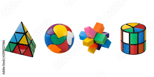 Colorful Twisty Puzzle Collection with Pyramid Cube Sphere and Interlocking Brain Teaser Toys Isolated on Transparent Background