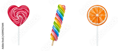 Colorful Lollipop Collection with Heart Rainbow Twist and Orange Slice Candy Isolated on Transparent Background