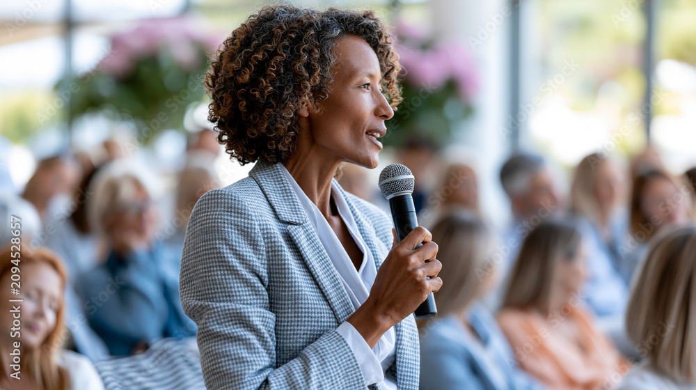 © Nataliya - Faceless confident Black woman speaking at indoor gender equality event with engaged audience, diversity advocacy concept, social event photography, blurred event background, with