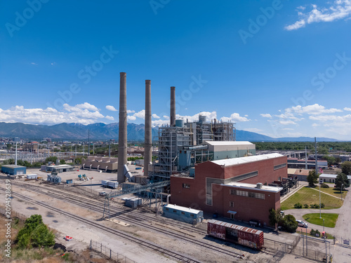 Aerial view of a large urban power plant facility in SLC, Utah