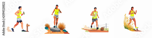 Flat vector illustrations of men and women trail running and jogging in diverse outdoor terrains such as deserts, fields, and dirt paths.