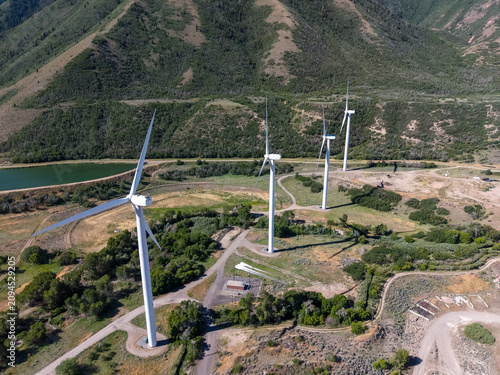 Drone view of wind turbines in a Spanish Fork, Utah mountain valley