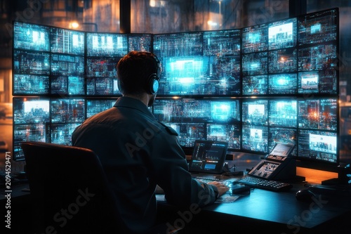 Focused operator wearing headset monitors dozens of glowing surveillance and data screens in a dim control room with keyboards, panels and blue ambient light