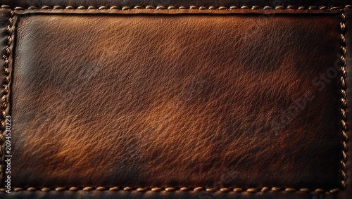 close-up of warm brown leather panel with detailed hand-stitched border and aged textured grain evoking rustic vintage warmth