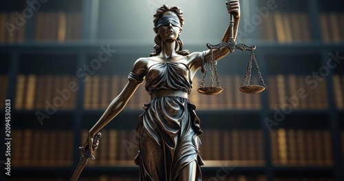 bronze justice statue holding scales and sword in front of rows of law books with dramatic solemn lighting conveying authority and impartiality