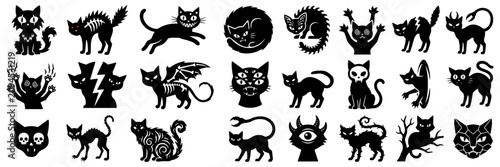 Konstfotografi Creepy Halloween black cat silhouettes, 24 mystical feline monster icons, gothic