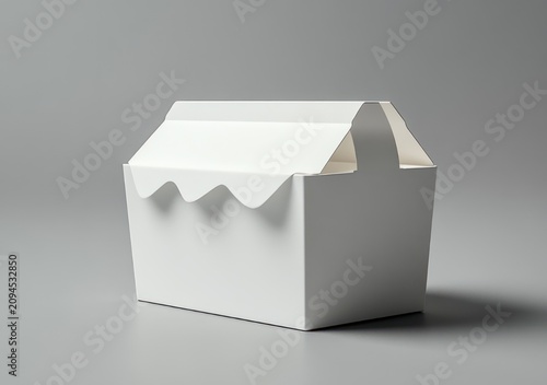white paper gable takeaway box with scalloped awning flap and handle on neutral background, minimal and inviting