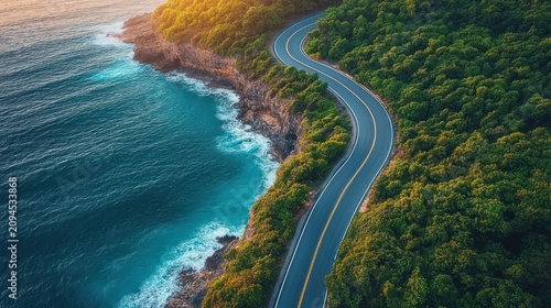 Aerial view of a sunlit winding coastal road hugging rocky cliffs and dense green forest above turquoise ocean, evoking serene adventure
