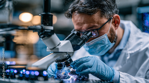 Neuroscience postdoctoral researcher adjusts fiber optic cannula implant on a lab animal model under surgical microscope in an optogenetics behavioral neuroscience suite, wavelength calibration equi